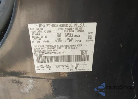 2001 Ford Excursion Limited из США, поврежденный, VIN 1FMSU43F91EC27353